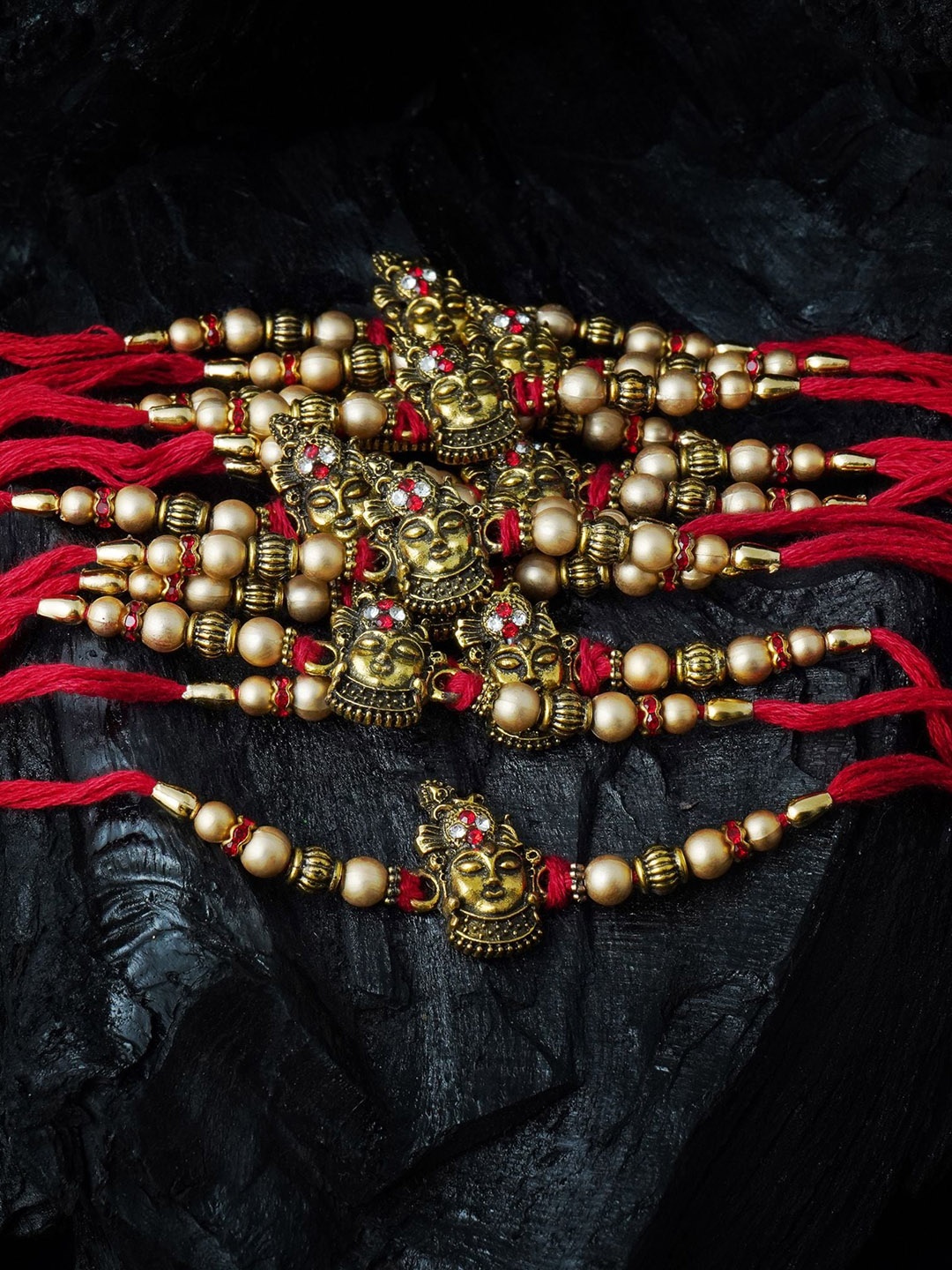 

MANSIYAORANGE Set Of 12 Beaded & Krishan Charm Rakhi, Red
