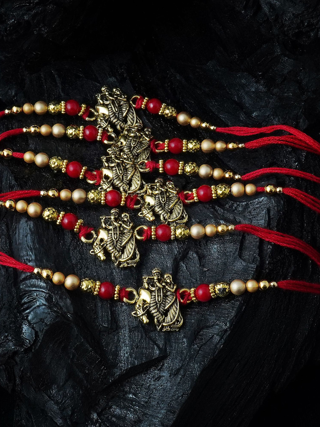 

MANSIYAORANGE Men Set Of 6 Artificial Beads & Krishna Cotton Charm Rakhi, Red