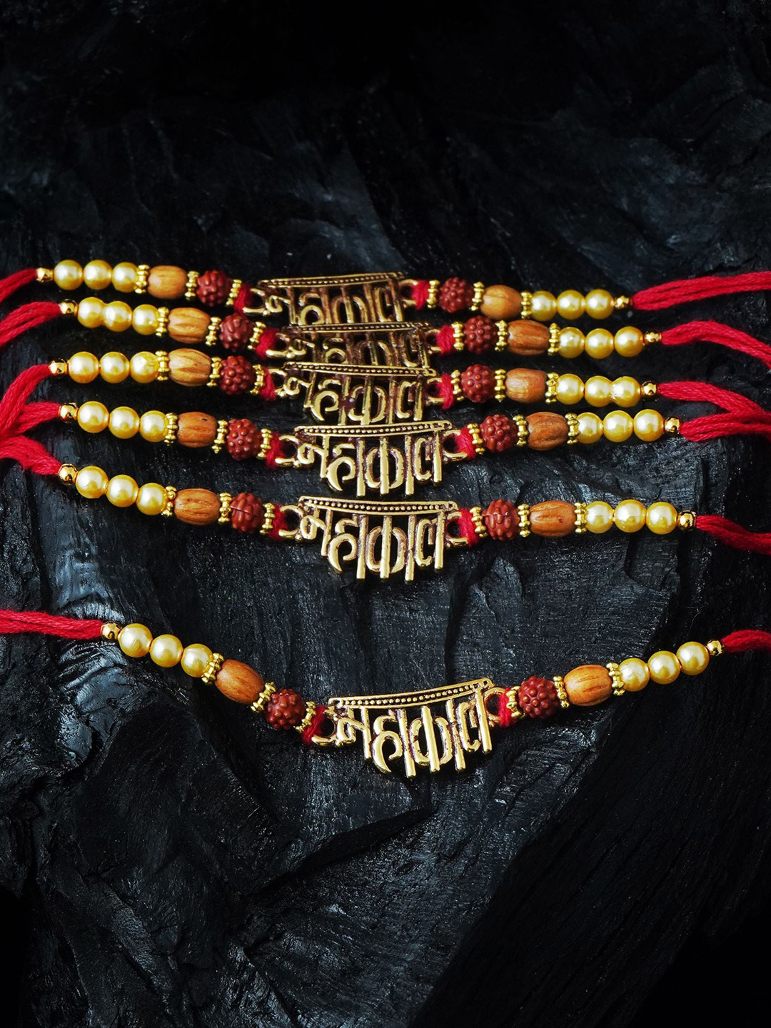 

MANSIYAORANGE Men Set Of 6 Artificial Beads & Mahakal Cotton Charm Rakhi, Red
