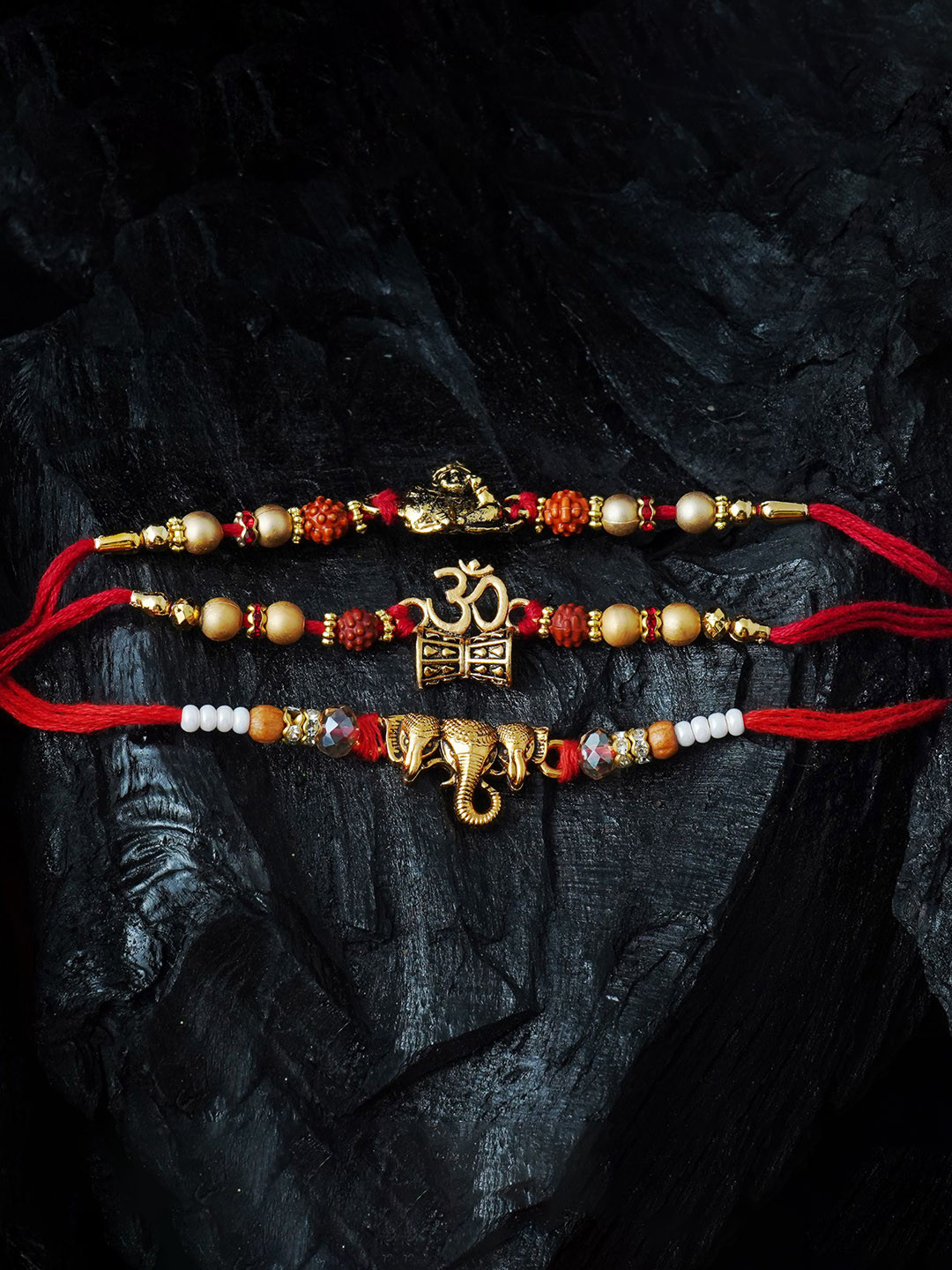 

MANSIYAORANGE Men Set Of 3 Pearl & Ganesha Om & Krishna Cotton Charm Rakhi, Gold