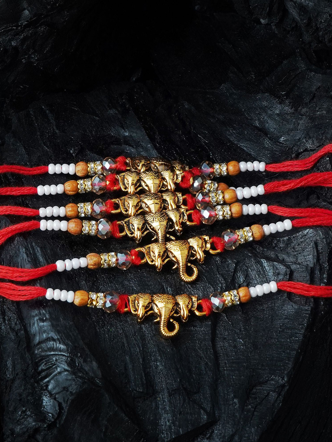 

MANSIYAORANGE Set Of 6 Beaded & Ganesha Charm Rakhi, White