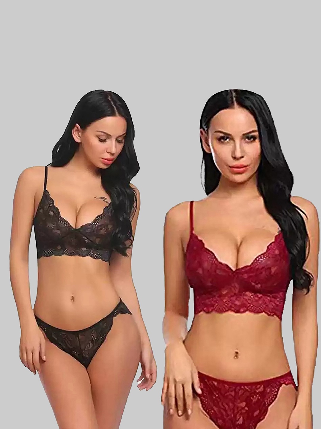 

AROUSY Pack of 2 laced Self Design Lingerie Sets, Red