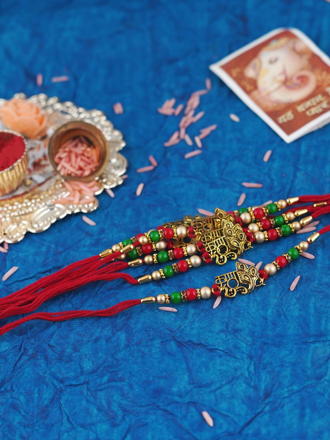 

MANSIYAORANGE Men Set Of 6 Beaded & Peacock Cotton Charm Rakhi, Red