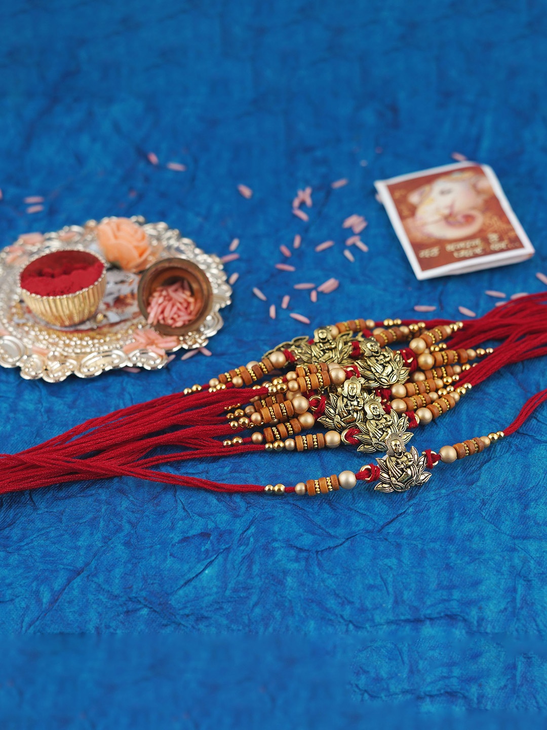 

MANSIYAORANGE Men Set Of 12 Pearl & Bal Krishna Cotton Charm Rakhi, Gold