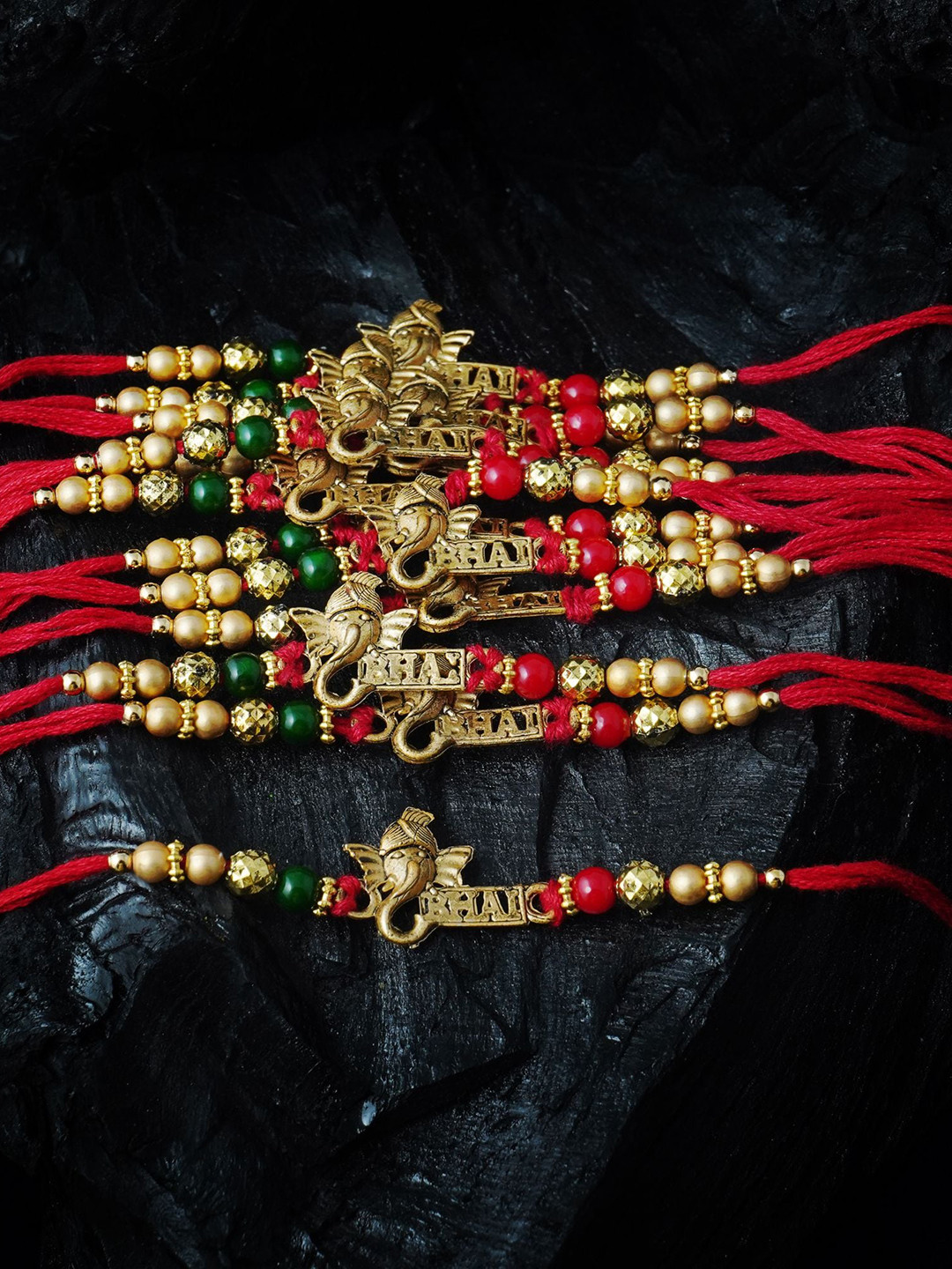 

MANSIYAORANGE Men Set Of 12 Beaded & Ganesha Cotton Charm Rakhi, Red