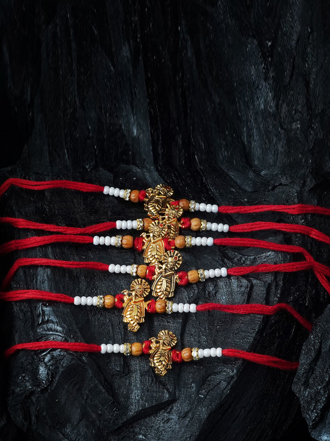 

MANSIYAORANGE Men Set Of 6 Artificial Beads & Krishna Cotton Charm Rakhi, Red