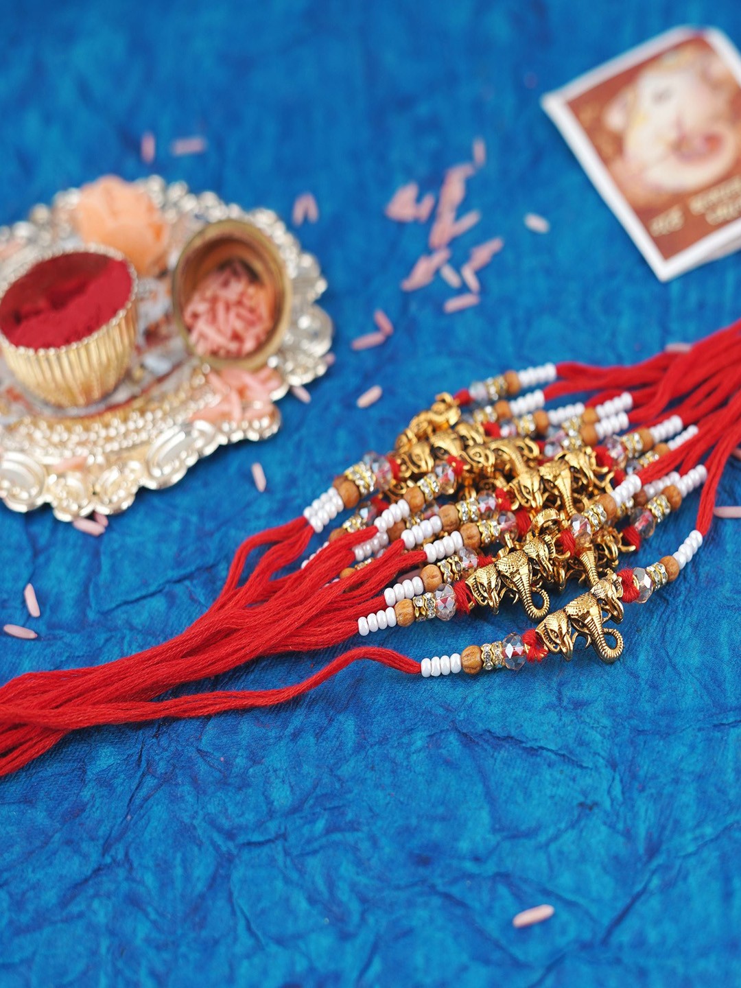

MANSIYAORANGE Men Set of 12 Lord Ganesha Beads & Stones Rakhis, Red