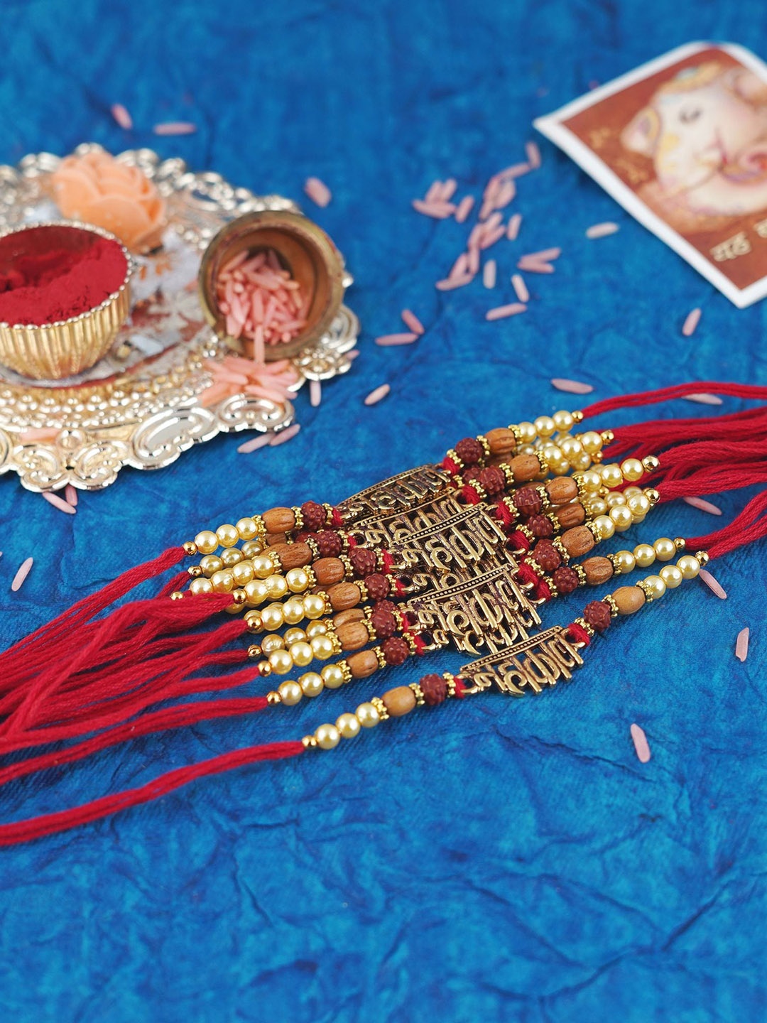 

MANSIYAORANGE Men Set Of 12 Beaded & Mahakaal Charm Rakhi, Gold