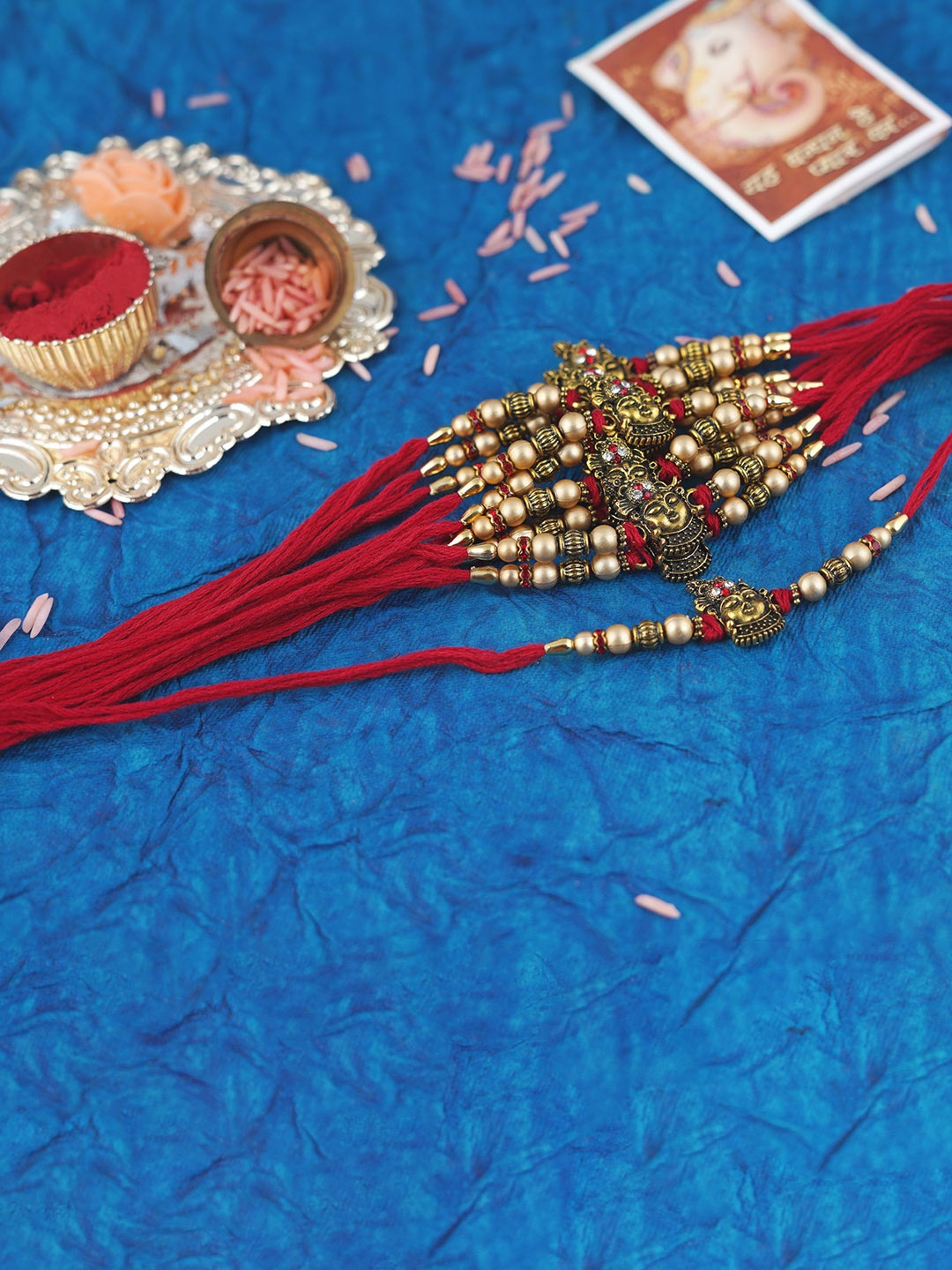 

MANSIYAORANGE Men Set Of 12 Beaded & Krishna Cotton Charm Rakhi, Red
