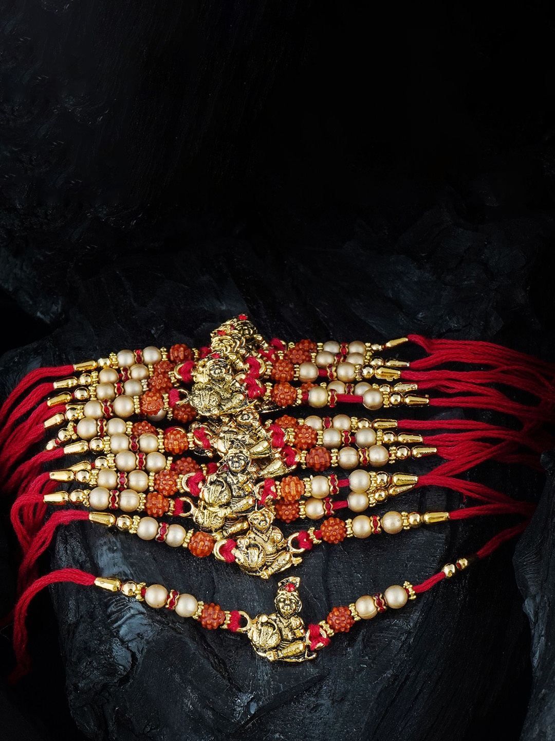 

MANSIYAORANGE Men Set Of 12 Beads & Bal Krishna Cotton Charm Rakhi, Red