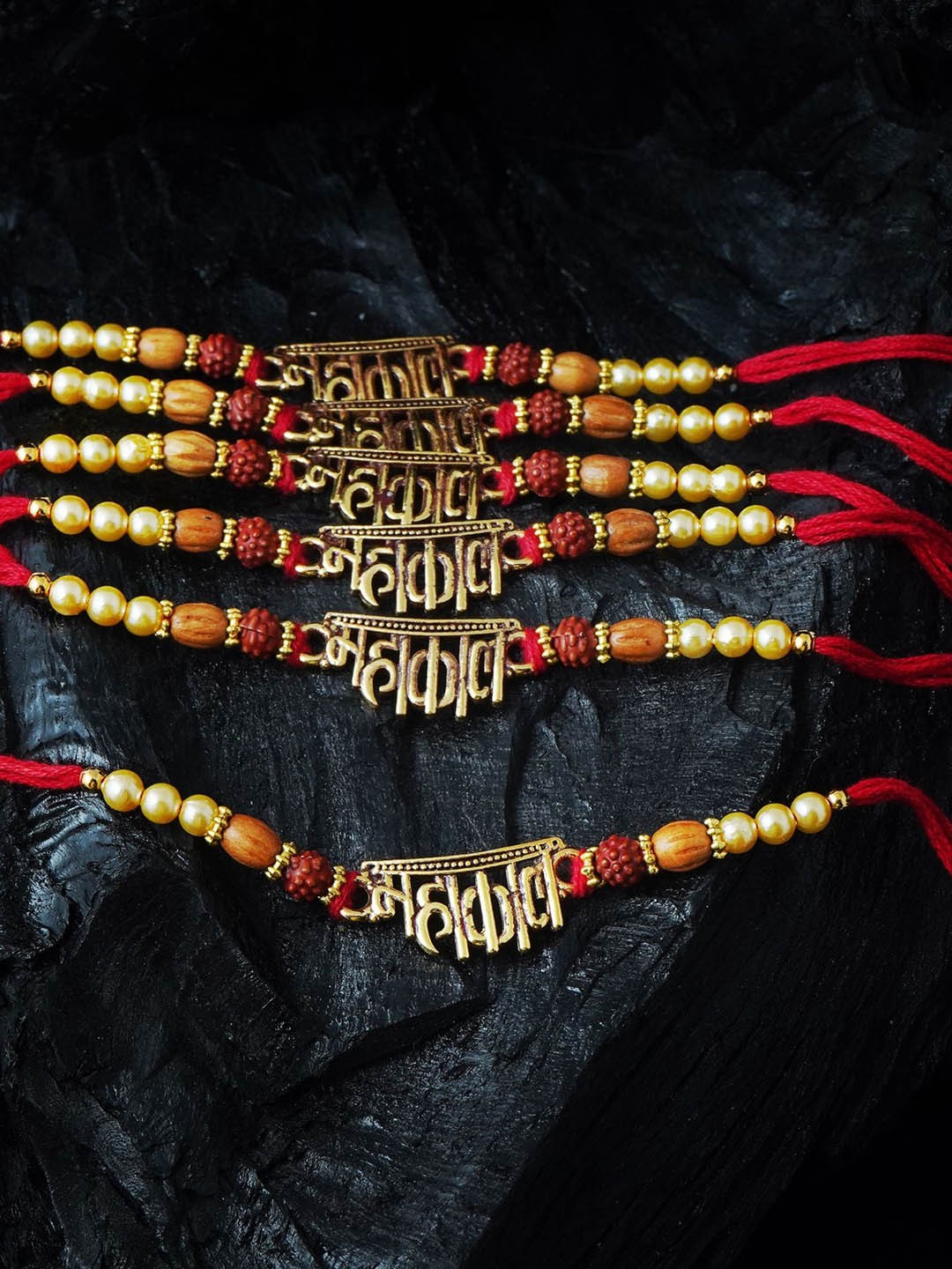 

MANSIYAORANGE Set Of 6 Beaded & Mahakaal Charm Rakhi, Red