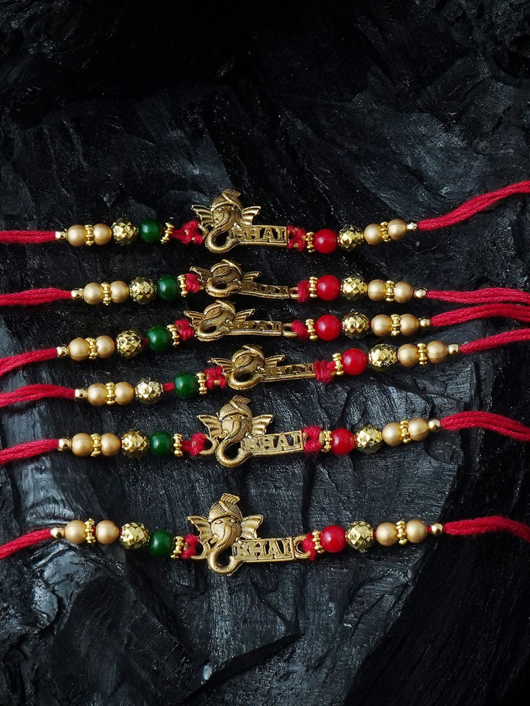 

MANSIYAORANGE Set Of 6 Beaded & Ganesha Charm Rakhi, Red