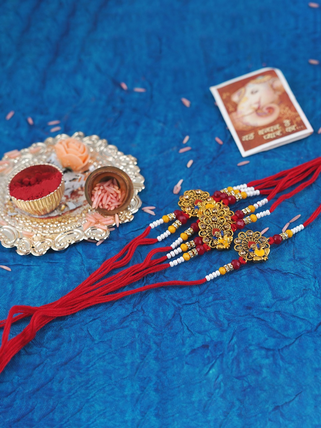 

MANSIYAORANGE Men Set Of 6 Beaded & Ganesha Cotton Charm Rakhis, Red