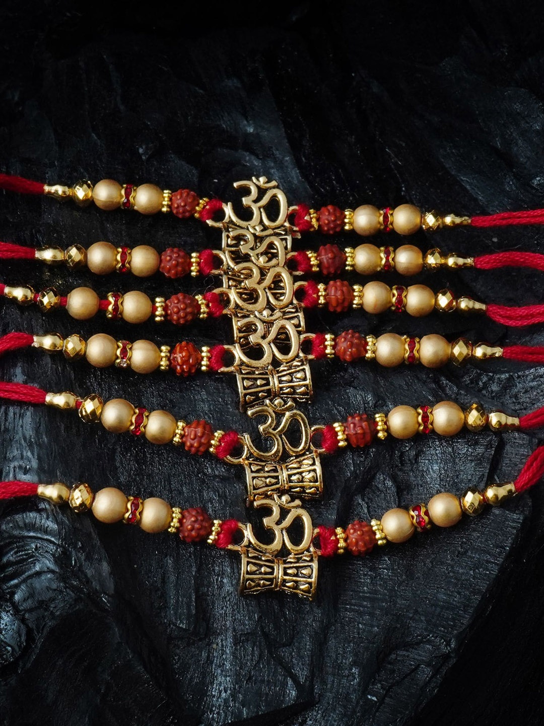 

MANSIYAORANGE Men Set of 6 Om with Damru Beads & Stones Rakhis, Red