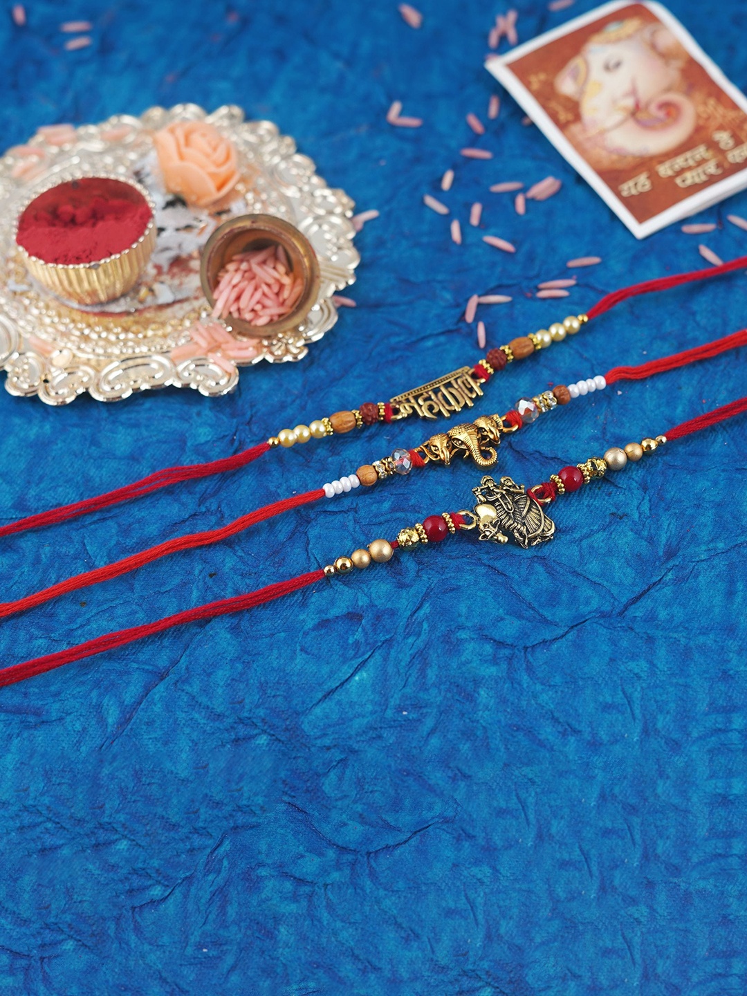 

MANSIYAORANGE Men Set Of 3 Ganesha & Radha Krishna Charm Rakhi, Red