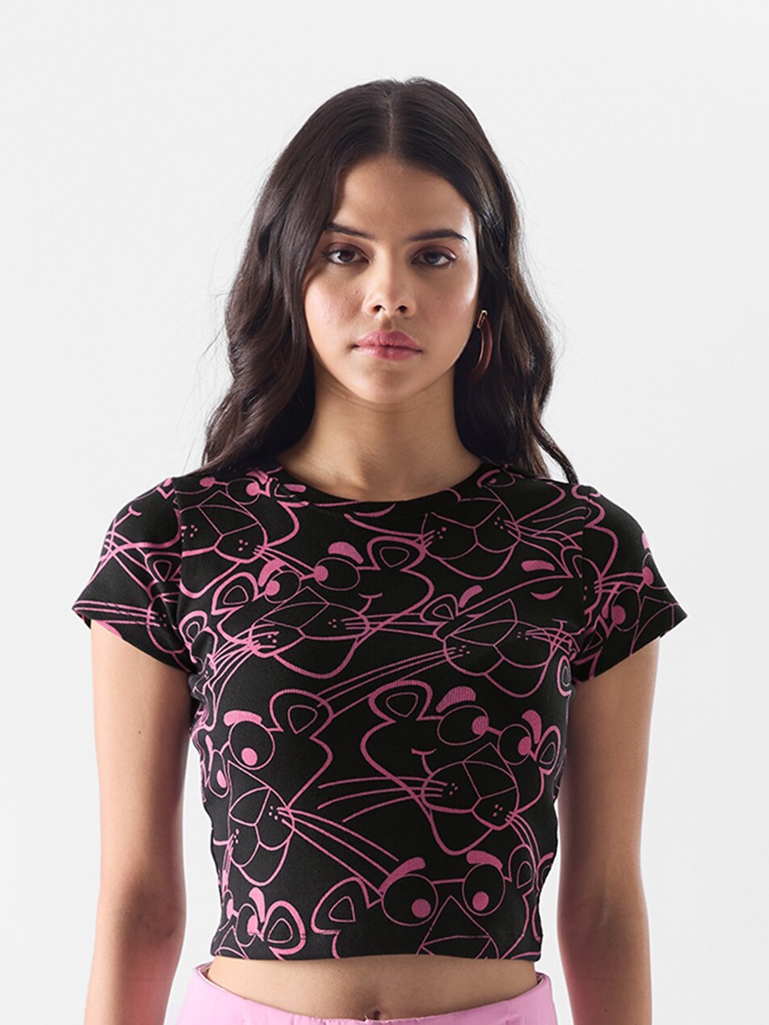 

The Souled Store Black & Pink Graphic Pink Panther Printed Cotton Crop Top