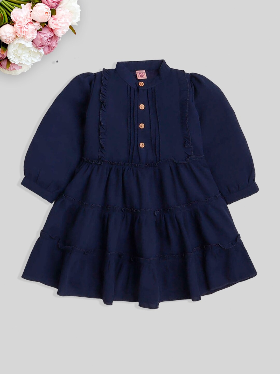 

The Magic Wand Girls Puff Sleeves Tiered Ruffled Fit & Flare Dress, Navy blue