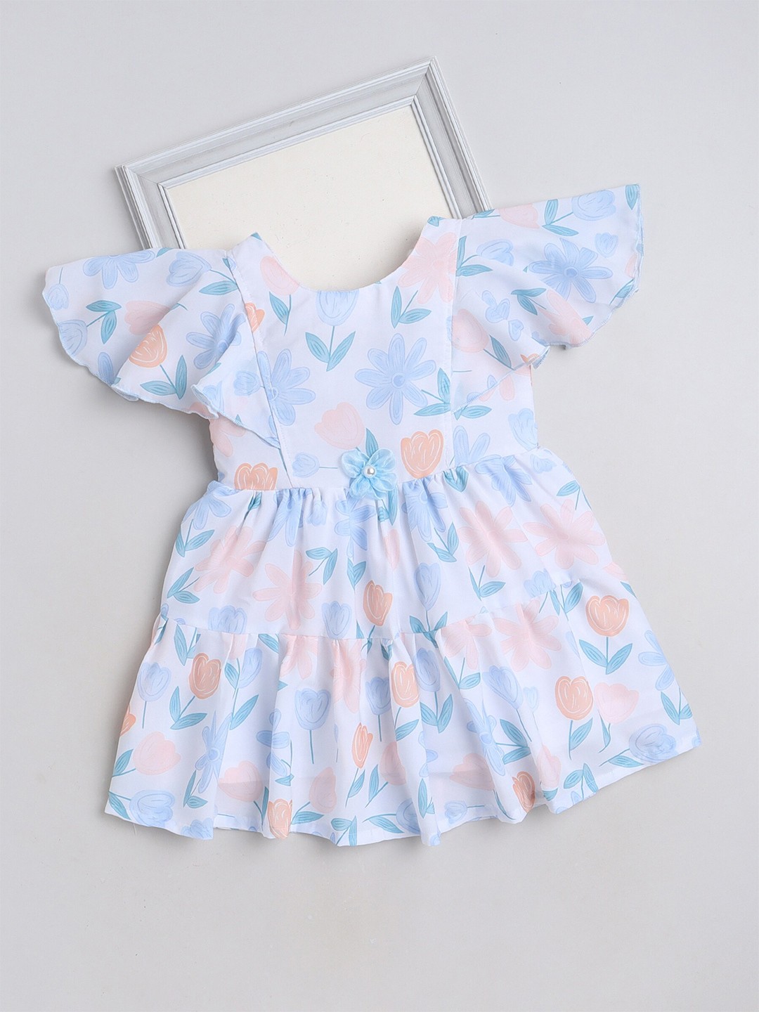 

The Magic Wand Girls Floral Printed Flutter Sleeves Fit & Flare Dress, Blue