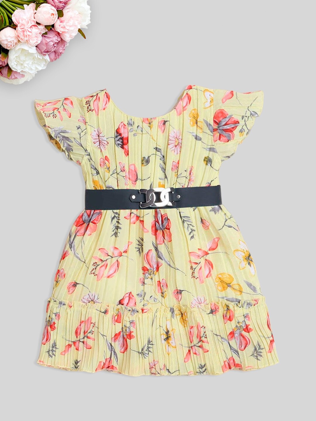 

The Magic Wand Girls Floral Printed Flutter Sleeves Belted Fit & Flare Dress, Yellow