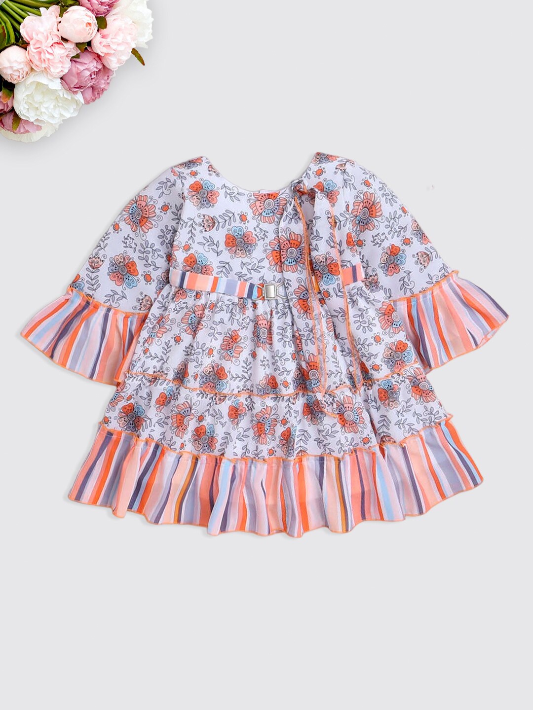 

The Magic Wand Girls Floral Printed Bell Sleeve A-Line Dress, Peach