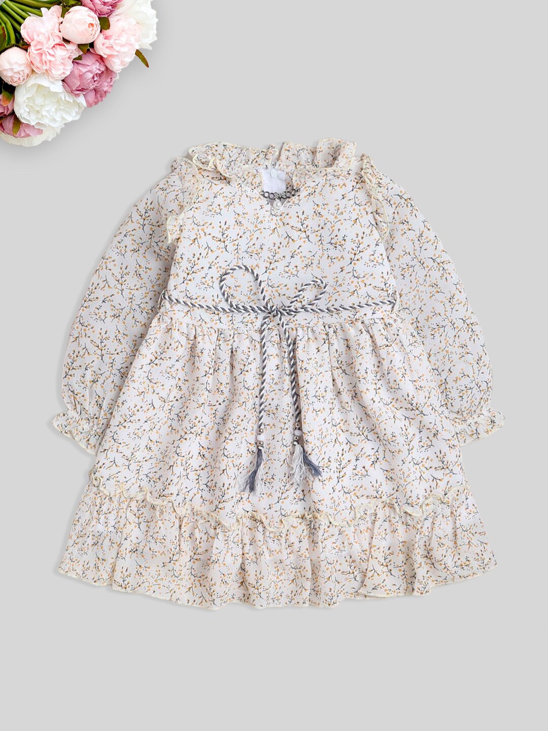

The Magic Wand Girls Floral Printed Puff Sleeves Tie Ups Fit & Flare Dress With Belt, Beige