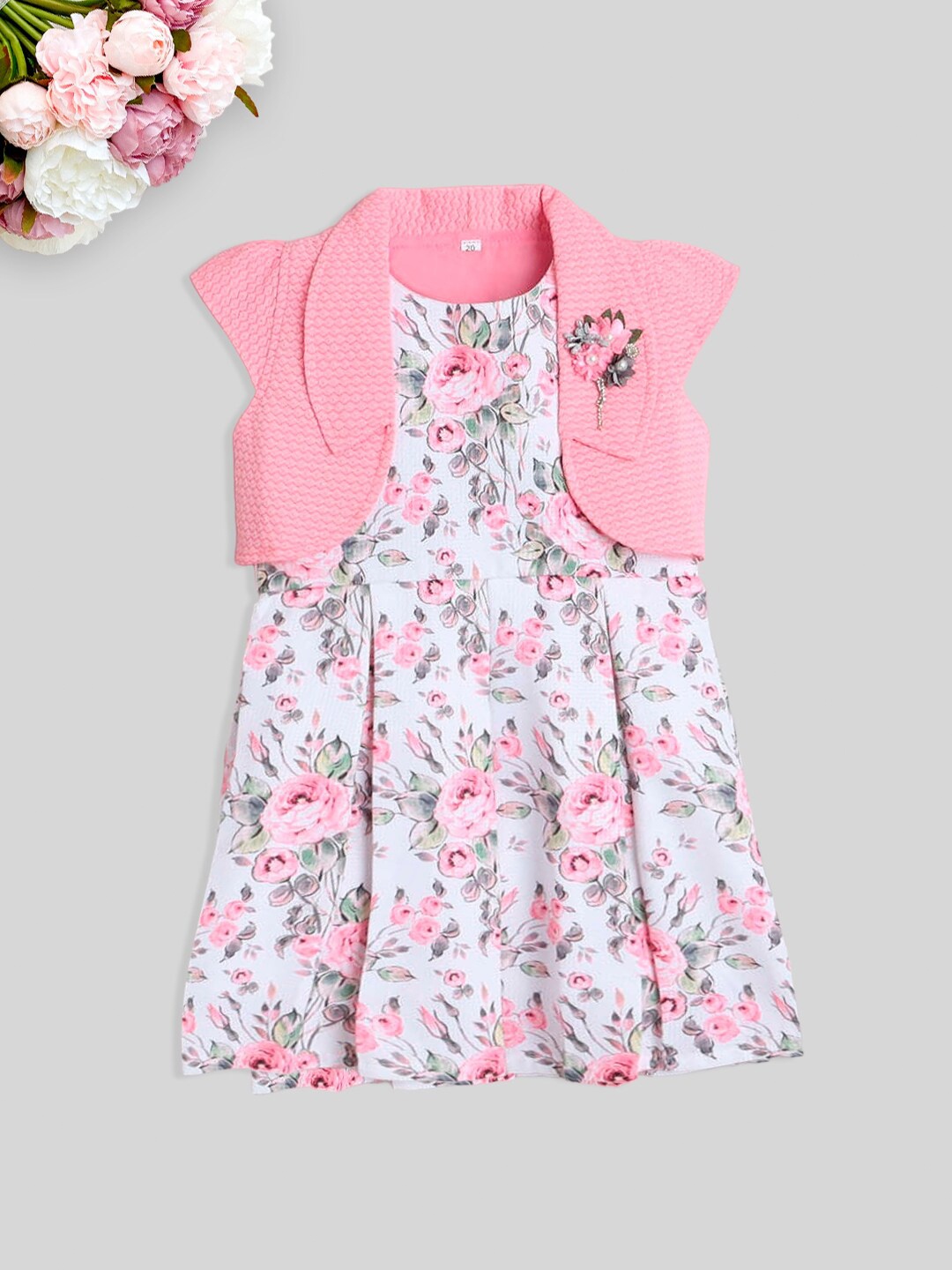 

The Magic Wand Girls Floral Printed Corsage Fit & Flare Dress With Shrug, Pink