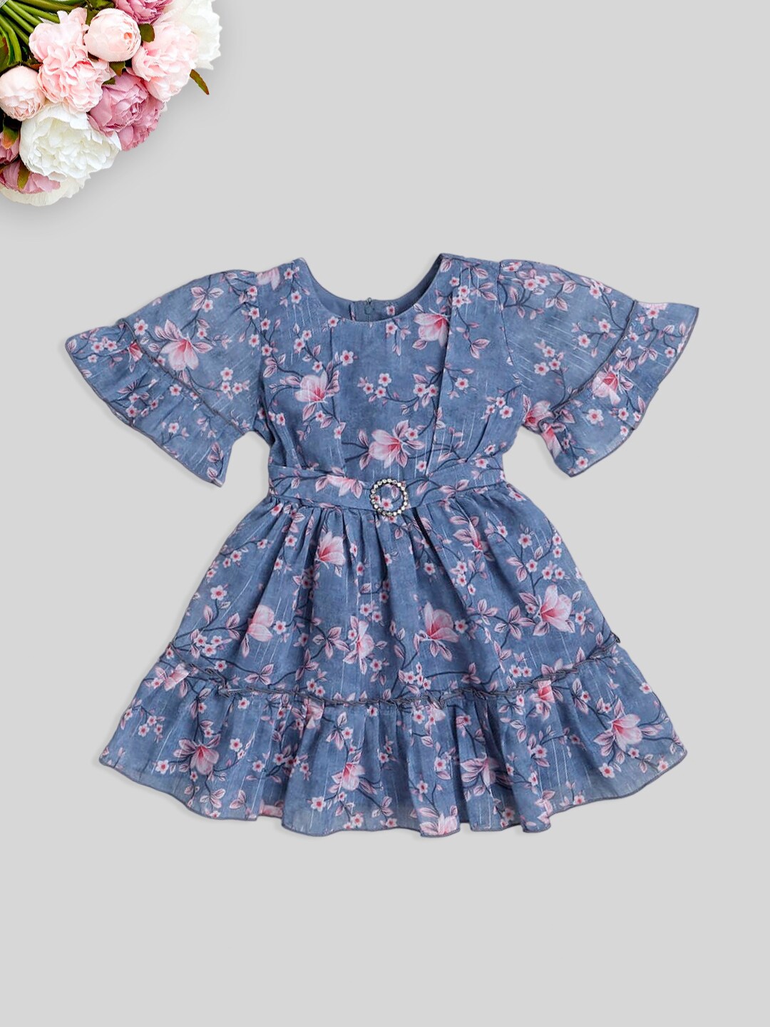 

The Magic Wand Girls Floral Printed Bell Sleeves Belted Fit & Flare Dress, Blue
