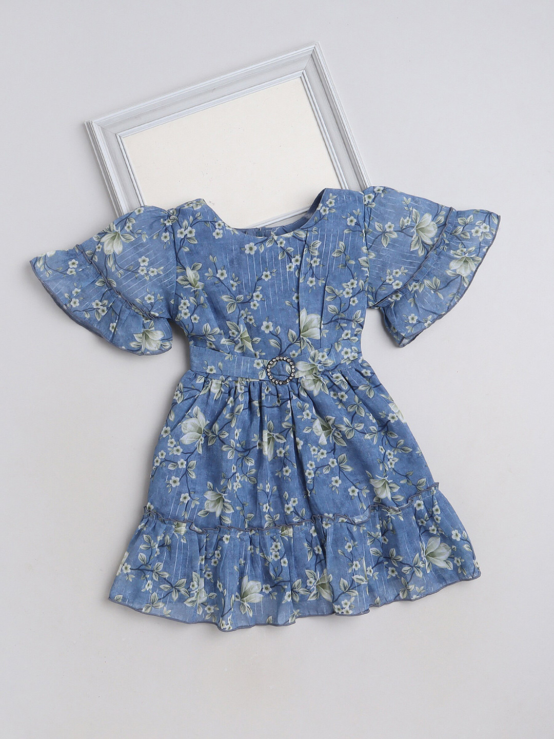 

The Magic Wand Girls Floral Printed Bell Sleeves Belted Fit & Flare Dress, Blue
