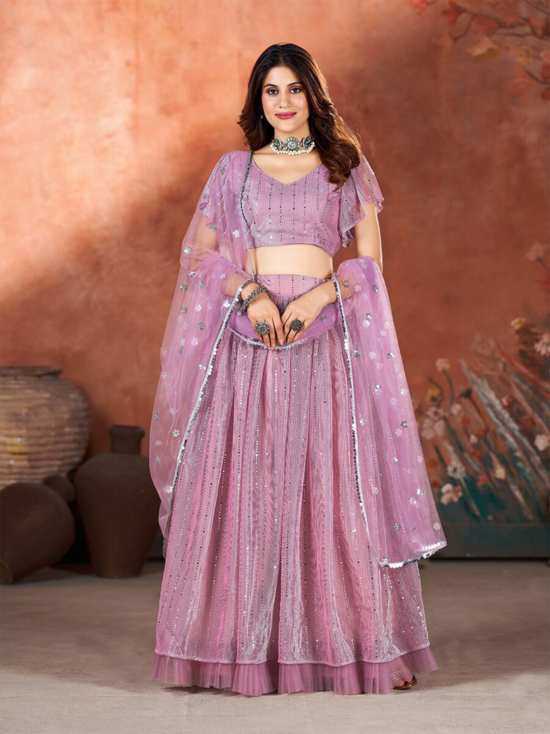 

SHOPGARB Embroidered Sequinned Semi-Stitched Lehenga & Unstitched Blouse With Dupatta, Purple