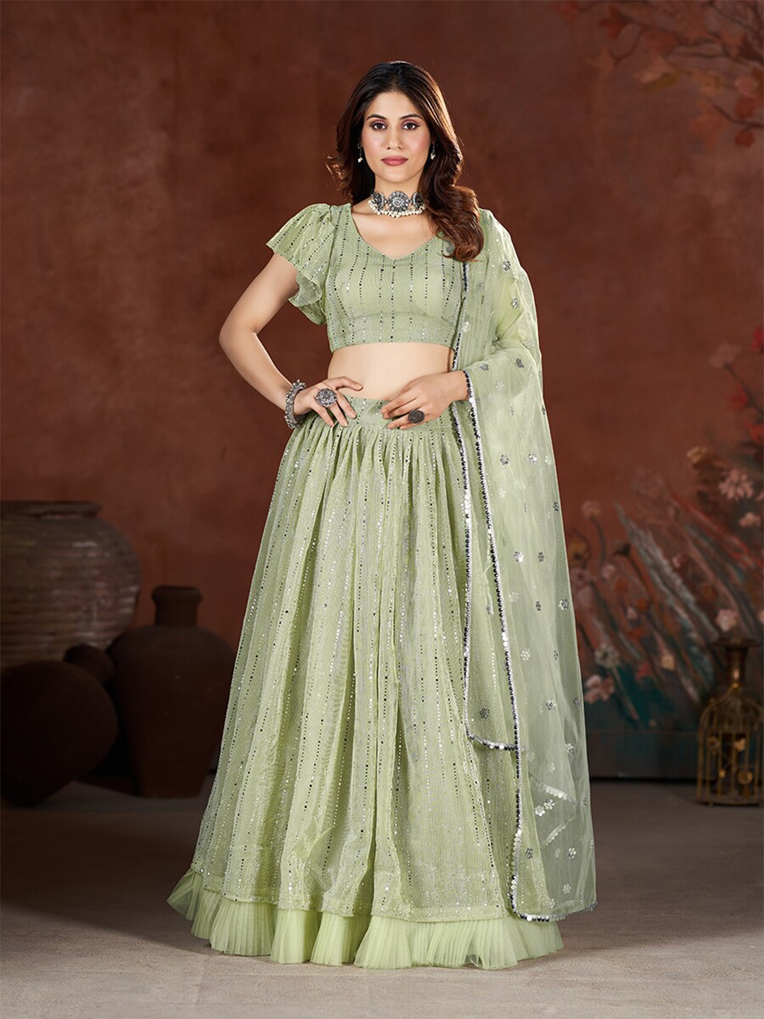 

SHOPGARB Embroidered Sequinned Semi-Stitched Lehenga & Unstitched Blouse With, Sea green