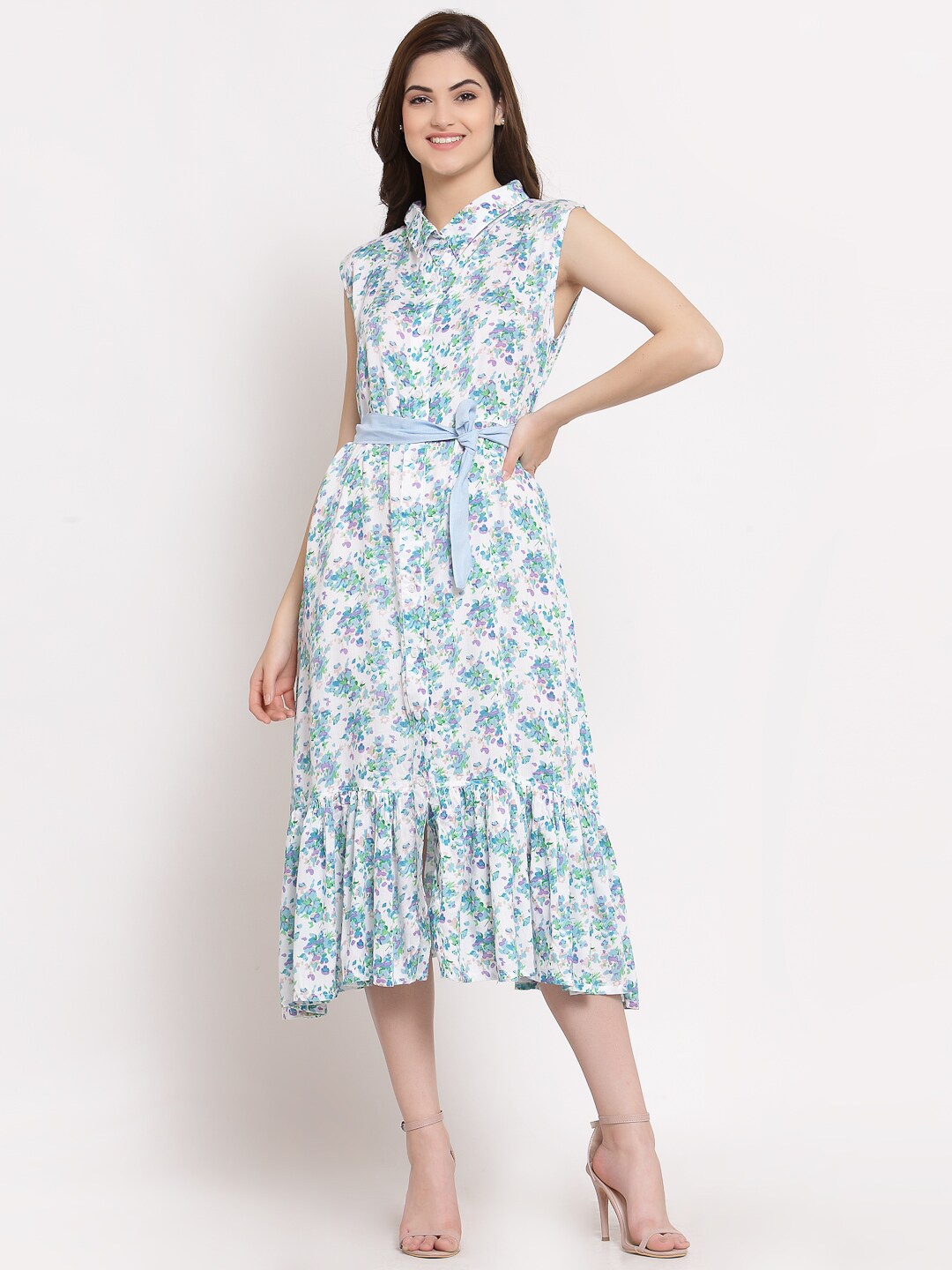 

PATRORNA Floral Printed Shirt Collar Belted Cotton A-Line Midi Dress, White