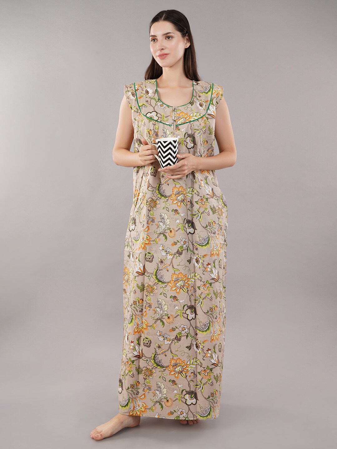 

Noty Floral Printed Pure Cotton Maxi Nightdress, Green