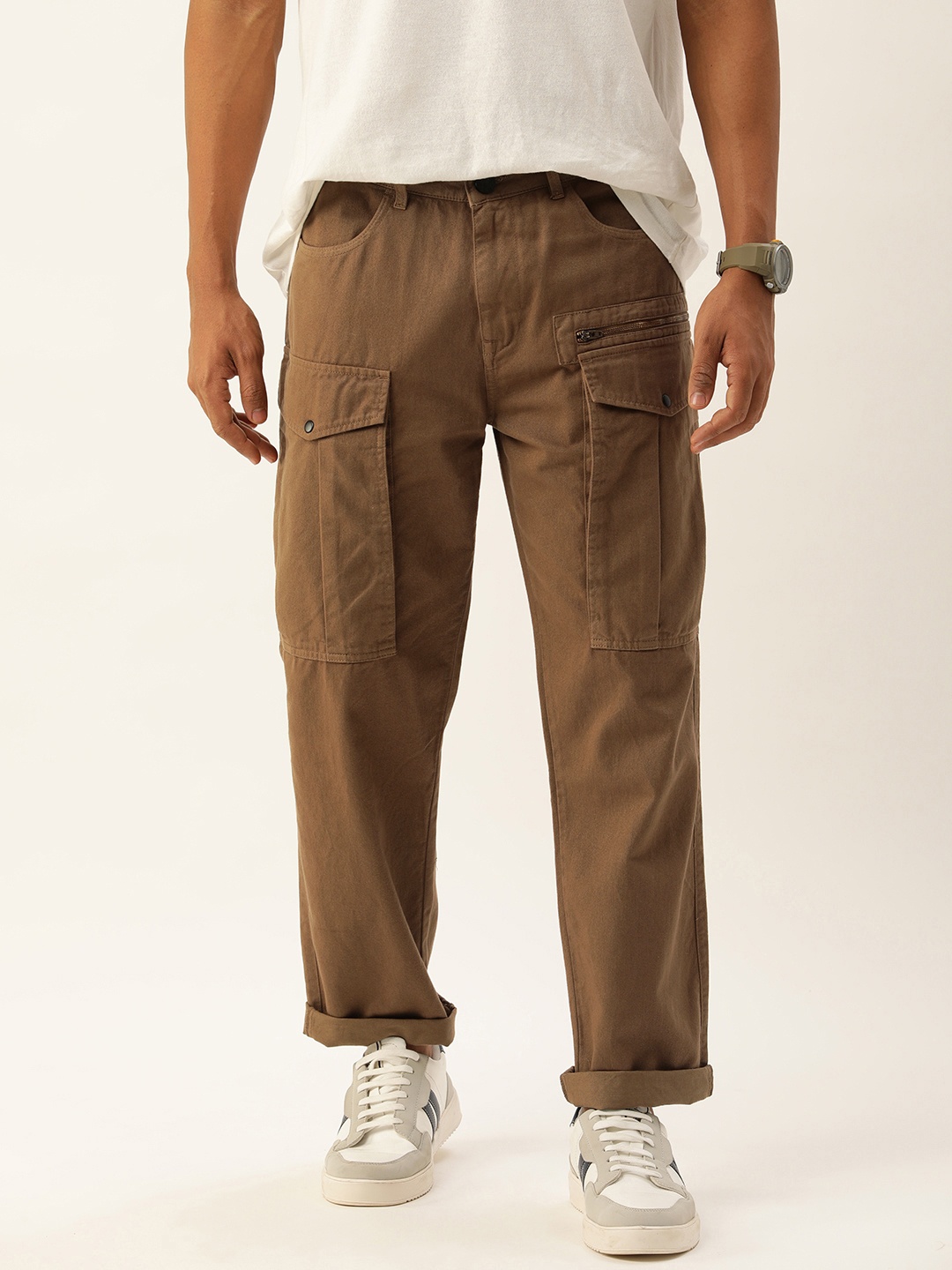 

Bene Kleed Men Solid Relaxed Fit Cotton Cargos Trousers, Brown