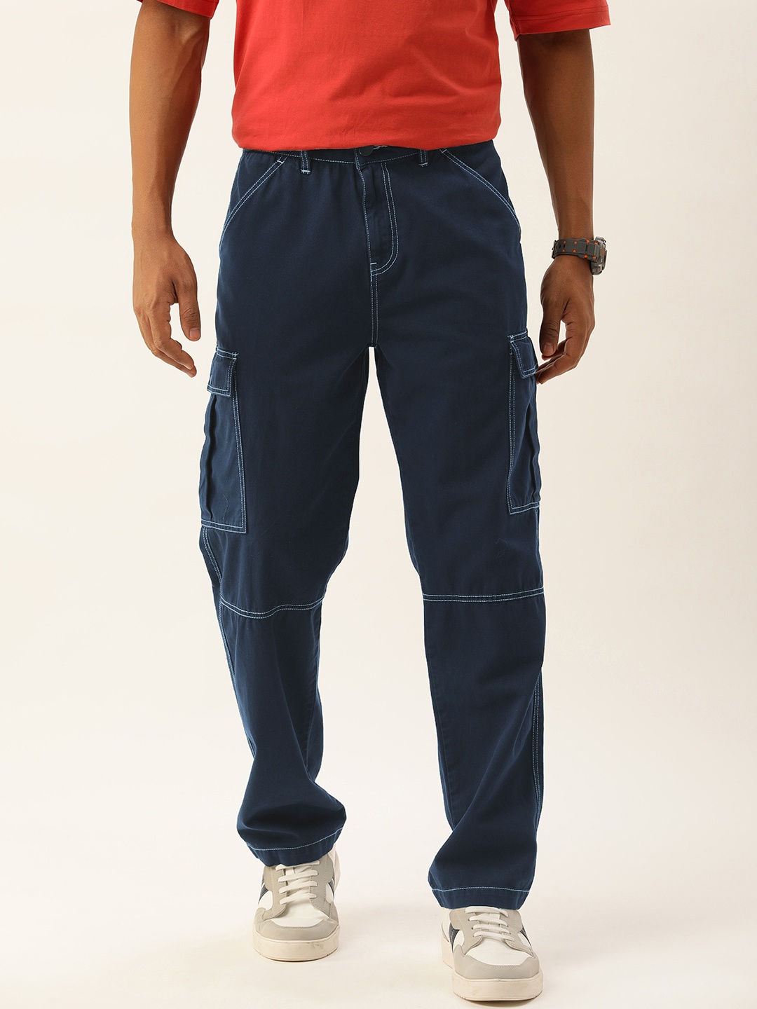 

Bene Kleed Men Relaxed Fit Cotton Cargos Trousers with Contrast stitch, Navy blue