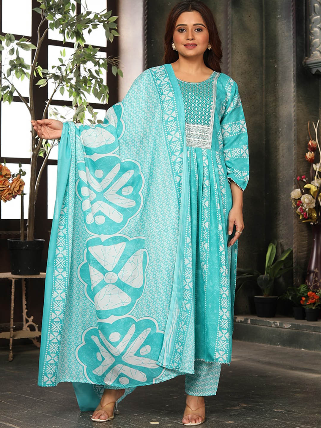 

KALINI Ethnic Motifs Printed Gotta Patti Pleated A-Line Kurta & Trousers with Dupatta, Blue