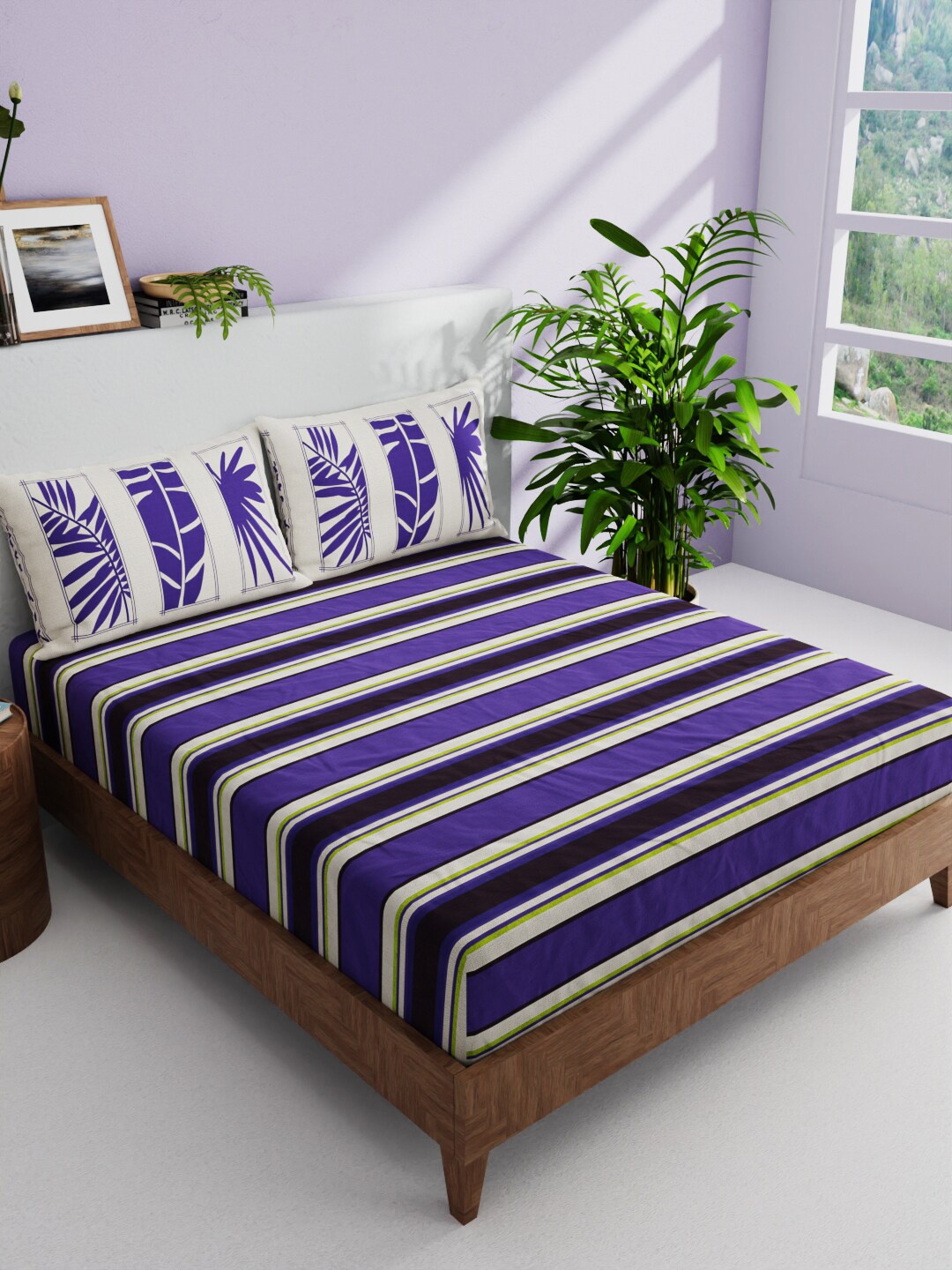 

BIANCA Purple & White Striped Pure Cotton 144 TC Queen Bedsheet with 2 Pillow Covers