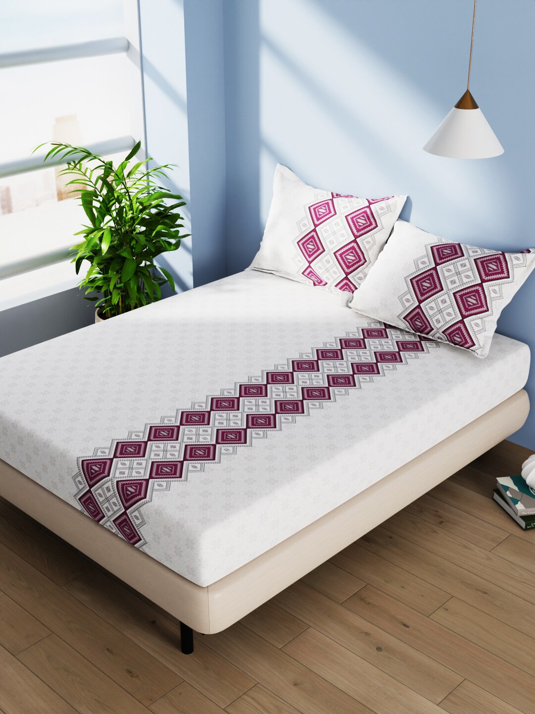 

BIANCA Serina Grey & White Geometric Cotton 140 TC Queen Bedsheet With 2 Pillow Covers