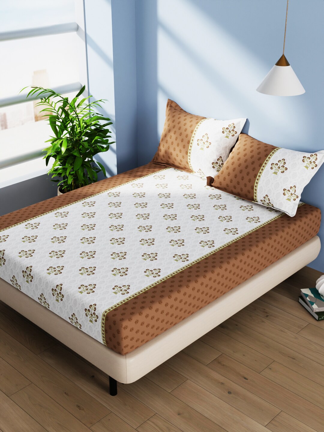 

BIANCA Serina White & Brown Printed Pure Cotton 140 TC Queen Bedsheet With 3 Pillow Covers