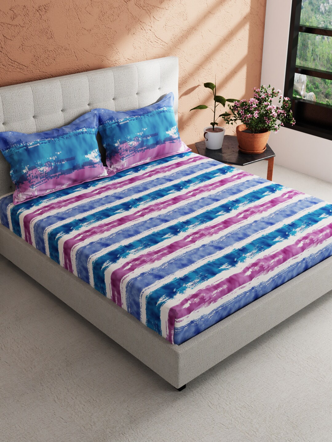 

BIANCA Giodeno Blue & White Striped Cotton 144 TC King Bedsheet With 2 Pillow Covers