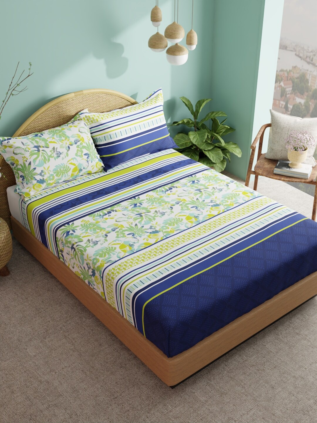 

BIANCA Callista Green & Blue Floral Printed 180 TC Pure Cotton King Bedsheet Set
