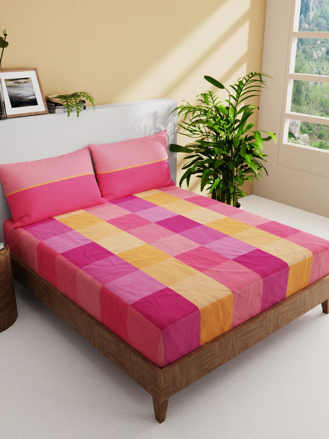

BIANCA Pink & Yellow Geometric Pure Cotton 144 TC Queen Bedsheet with 2 Pillow Covers