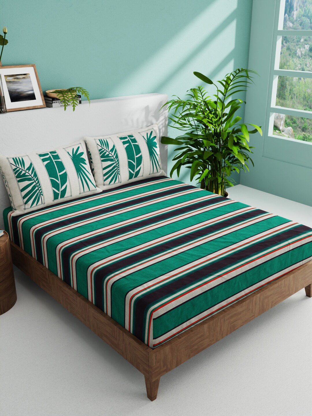 

BIANCA Green & Black Striped Pure Cotton 144 TC Queen Bedsheet with 2 Pillow Covers