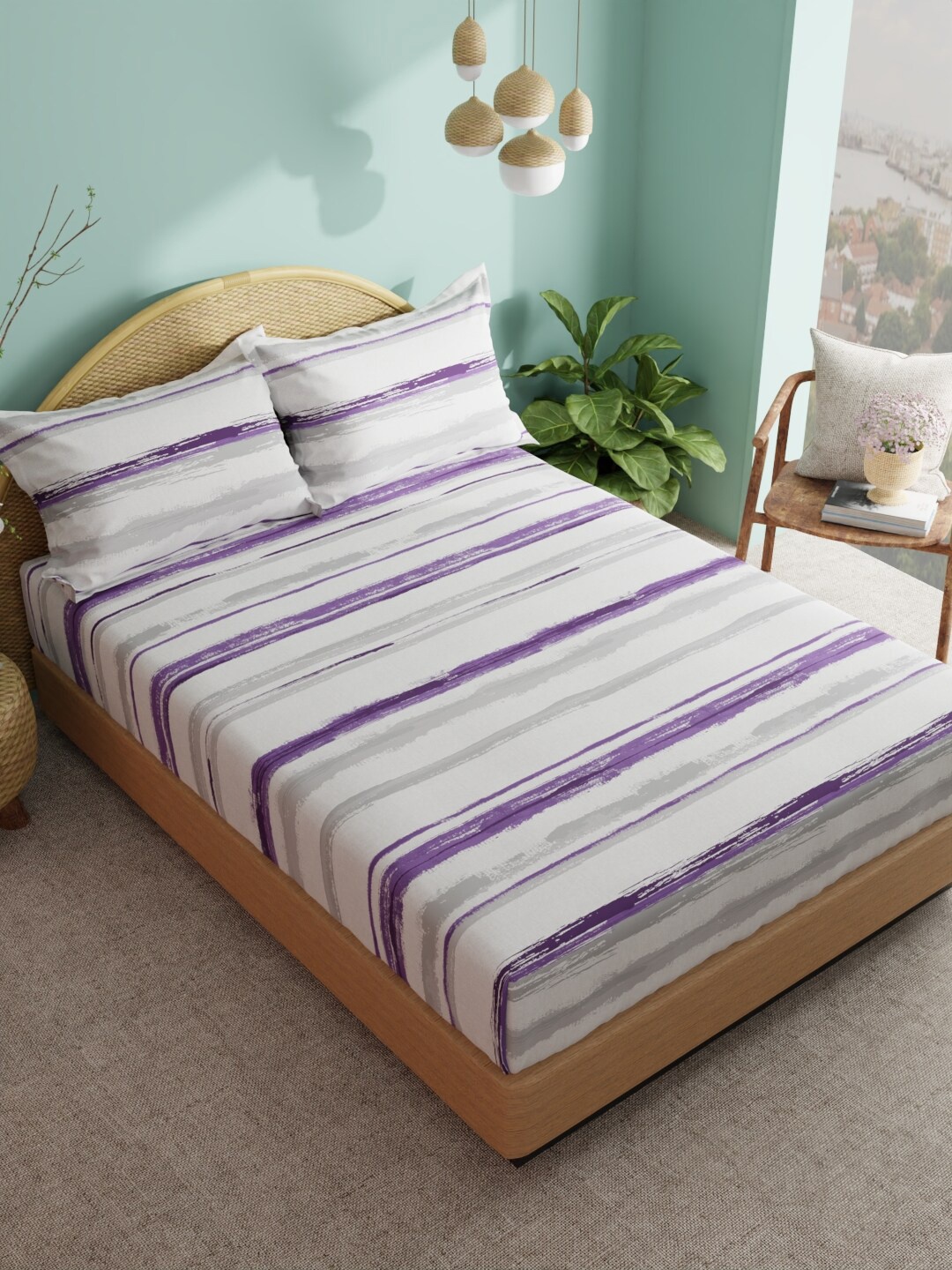 

BIANCA Callista Grey & Purple Striped Pure Cotton 180 TC King Bedsheet & 2 Pillow Covers