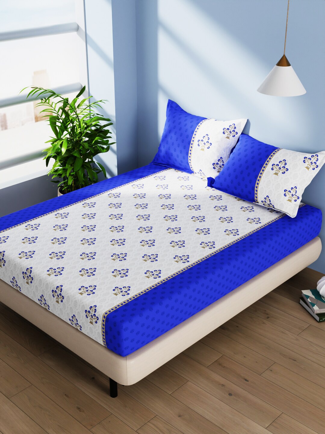 

BIANCA Blue & White Ethnic Motifs Pure Cotton 140 TC Queen Bedsheet with 2 Pillow Covers