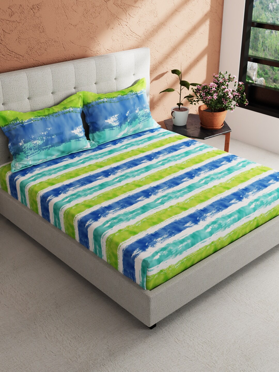 

BIANCA Blue & Green Striped 144 TC Pure Cotton King Bedsheet with 2 Pillow Covers