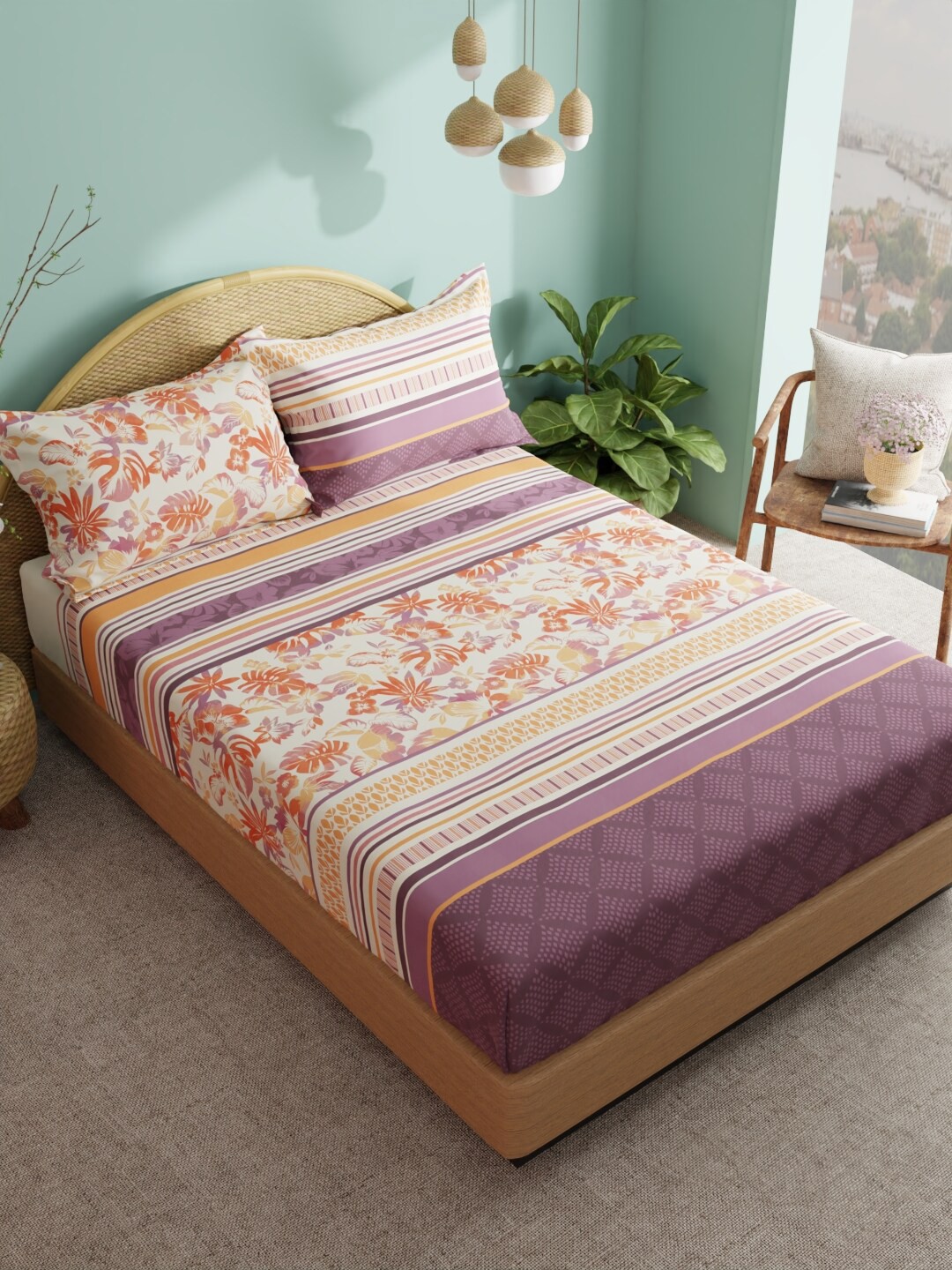 

BIANCA Orange & Beige Floral Pure Cotton 180 TC King Bedsheet with 2 Pillow Covers