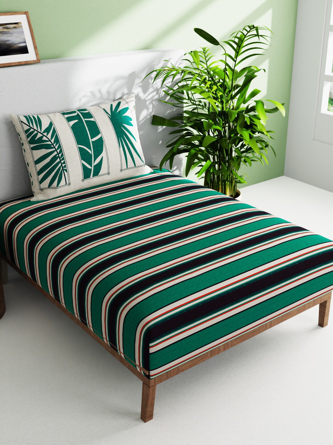 

BIANCA Green & Black Striped 144 TC Pure Cotton Single Bedsheet with 1 Pillow Cover