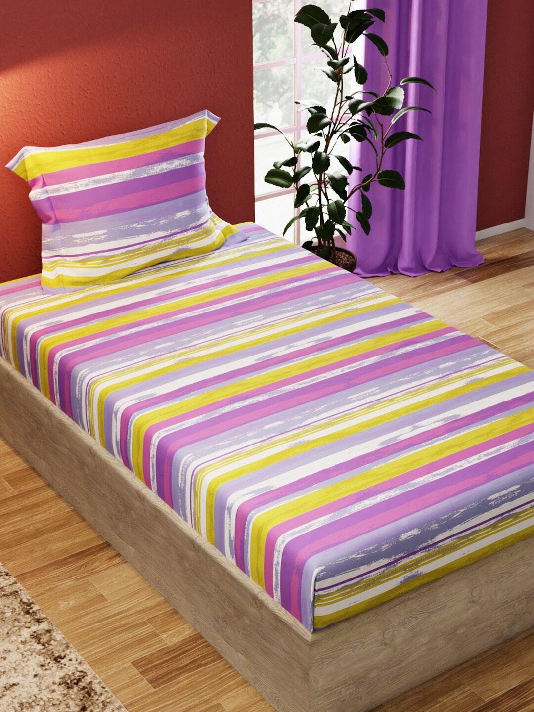 

BIANCA Lavender & Yellow Striped 110 TC Pure Cotton Single Bedsheet with 1 Pillow Cover