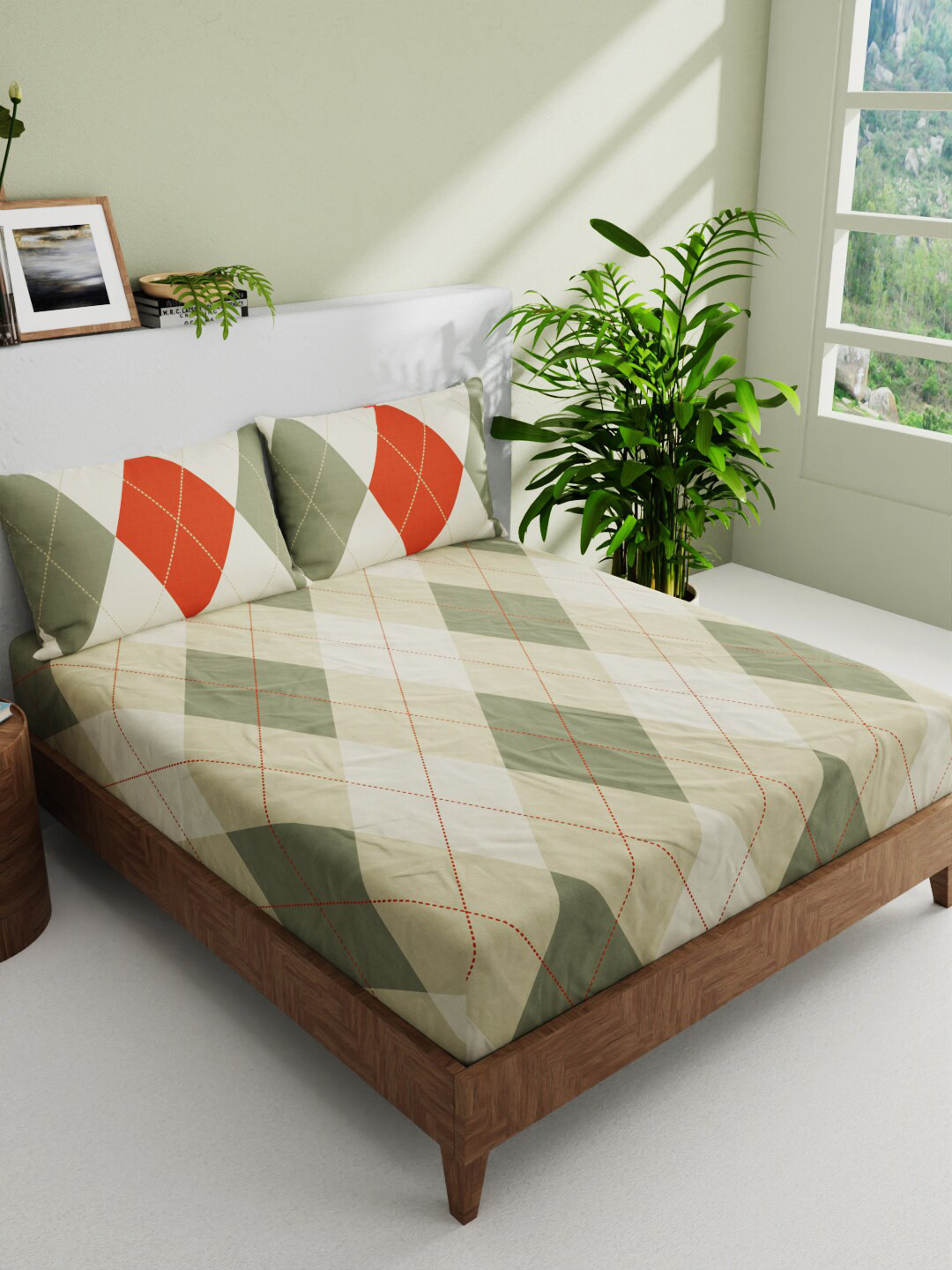 

BIANCA Green & White Geometric Pure Cotton 144 TC Queen Bedsheet with 2 Pillow Covers