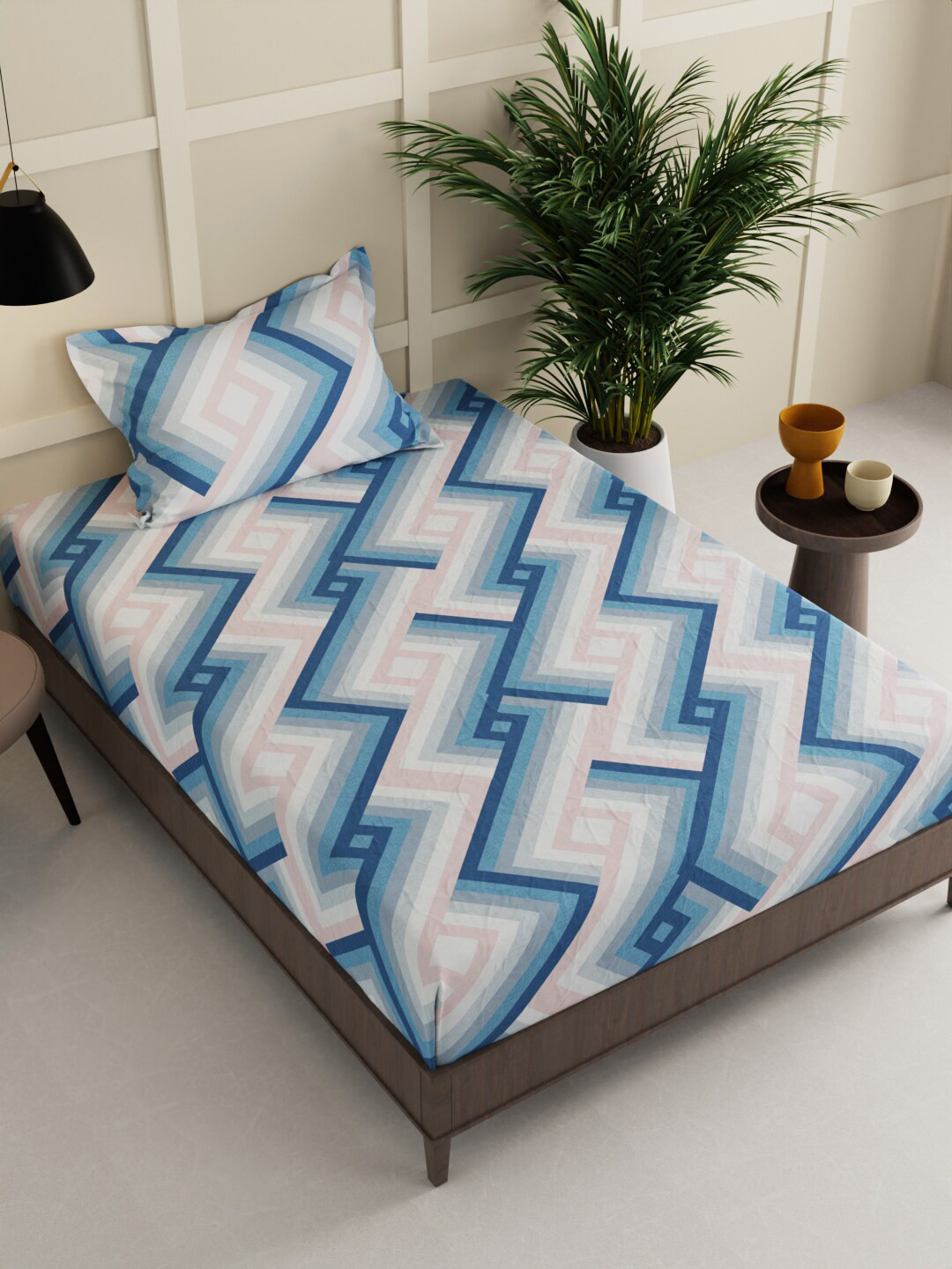 

BIANCA Blue & White Geometric 152 TC Single Bedsheet with 1 Pillow Cover